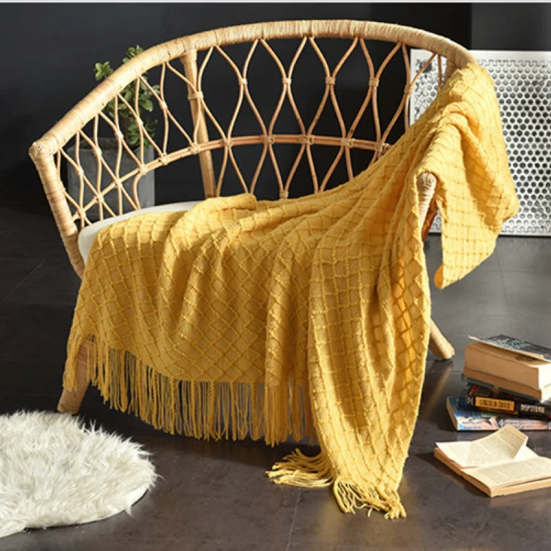 Boho Throw Blanket Fringe - بطانية رمي محبوكة بنمط الماس البوهيمي