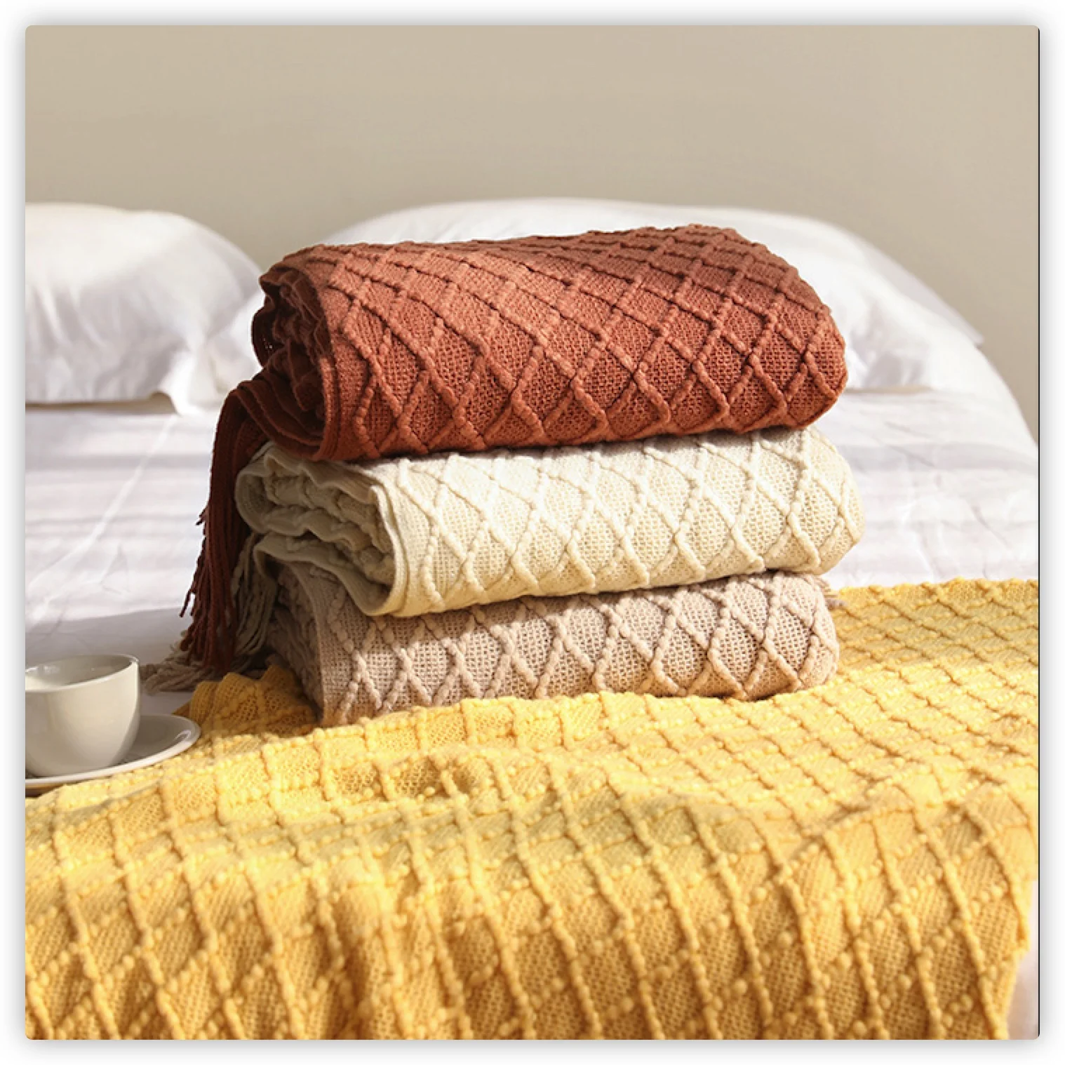 Boho Throw Blanket Fringe - بطانية منسوجة بنقشة الماس من تيكستايل